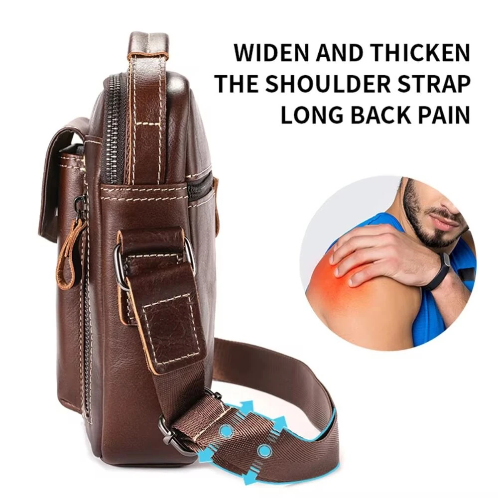 (image for) BULLCAPTAIN Genuine Leather Business Messenger Bag Retro Mini Vintage Shoulder Bag Crossbody Bag for Men Multi-functional Leather Mobile Phone Bags